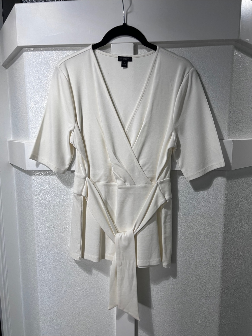 Ann Taylor Cream Wrap Tie-Waist Blouse